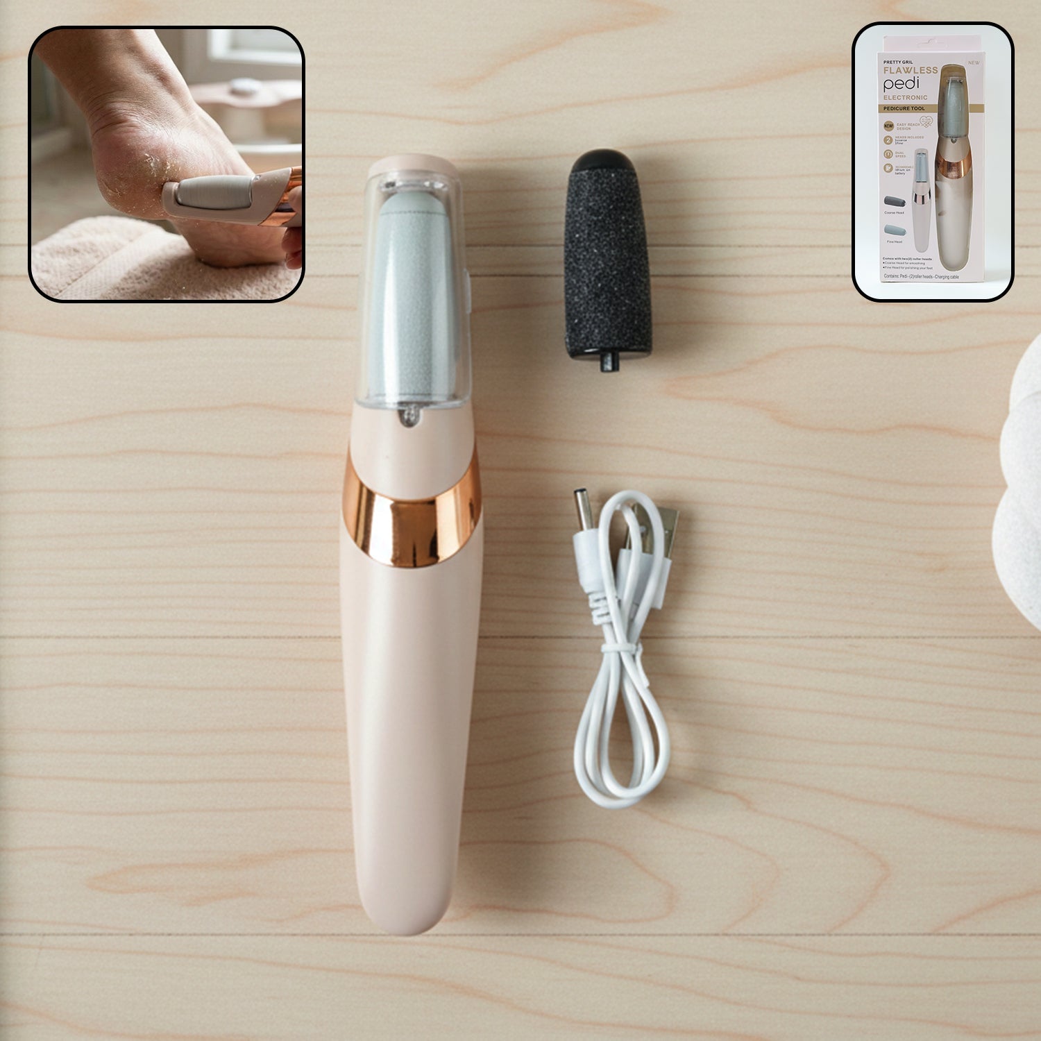 Rechargeable electronic pedicure tool with USB charging cable for smooth feet