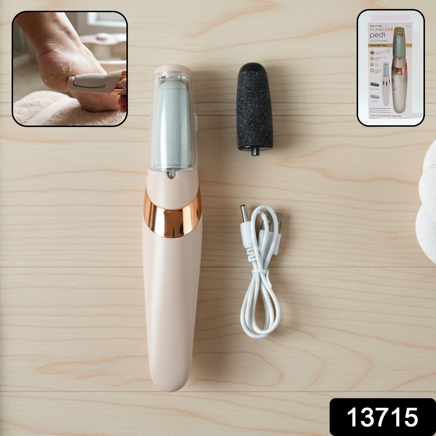 Electronic pedicure tool displaying coarse and fine roller heads