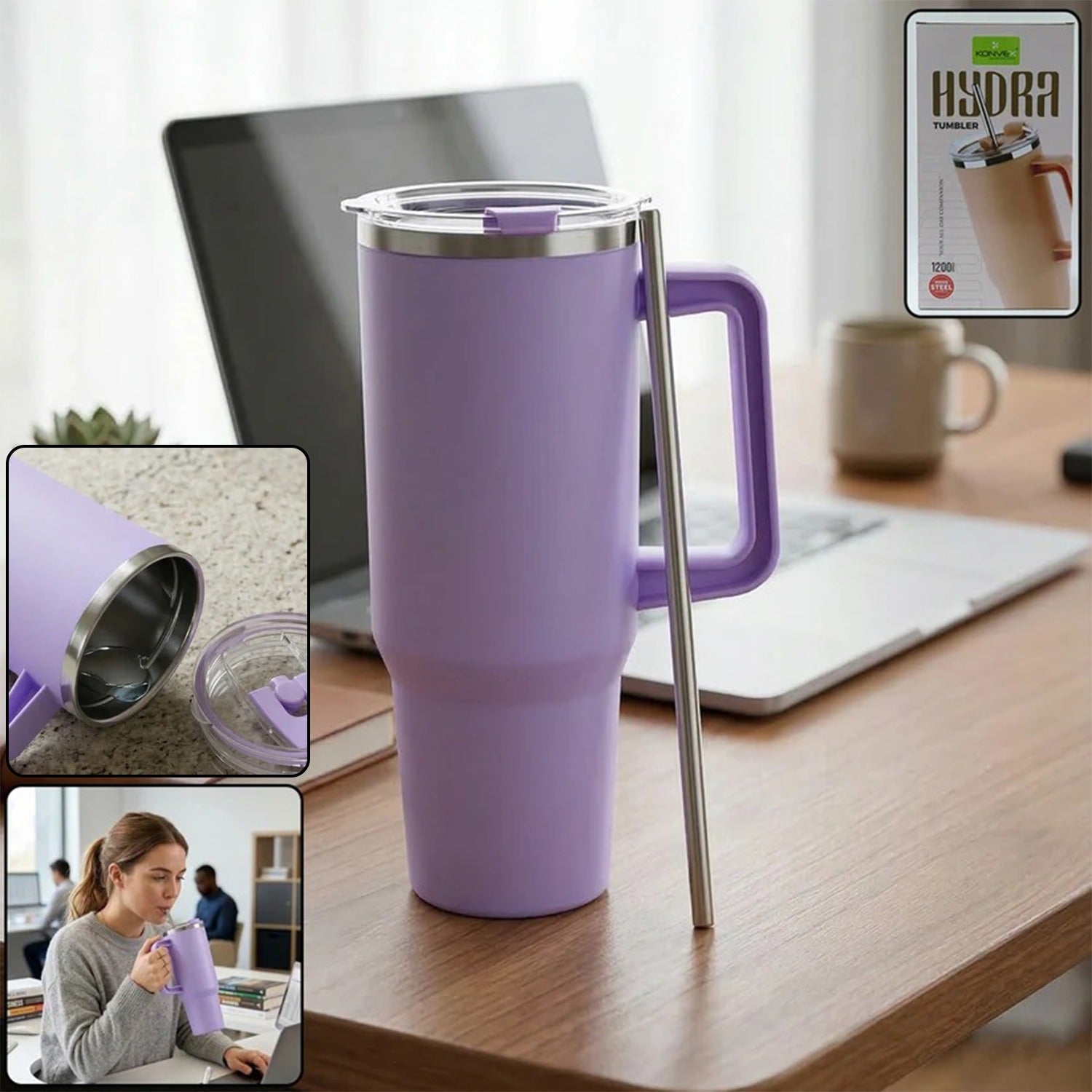 Insulated Tumbler Mug - Large 1200ML with Handle and Straw