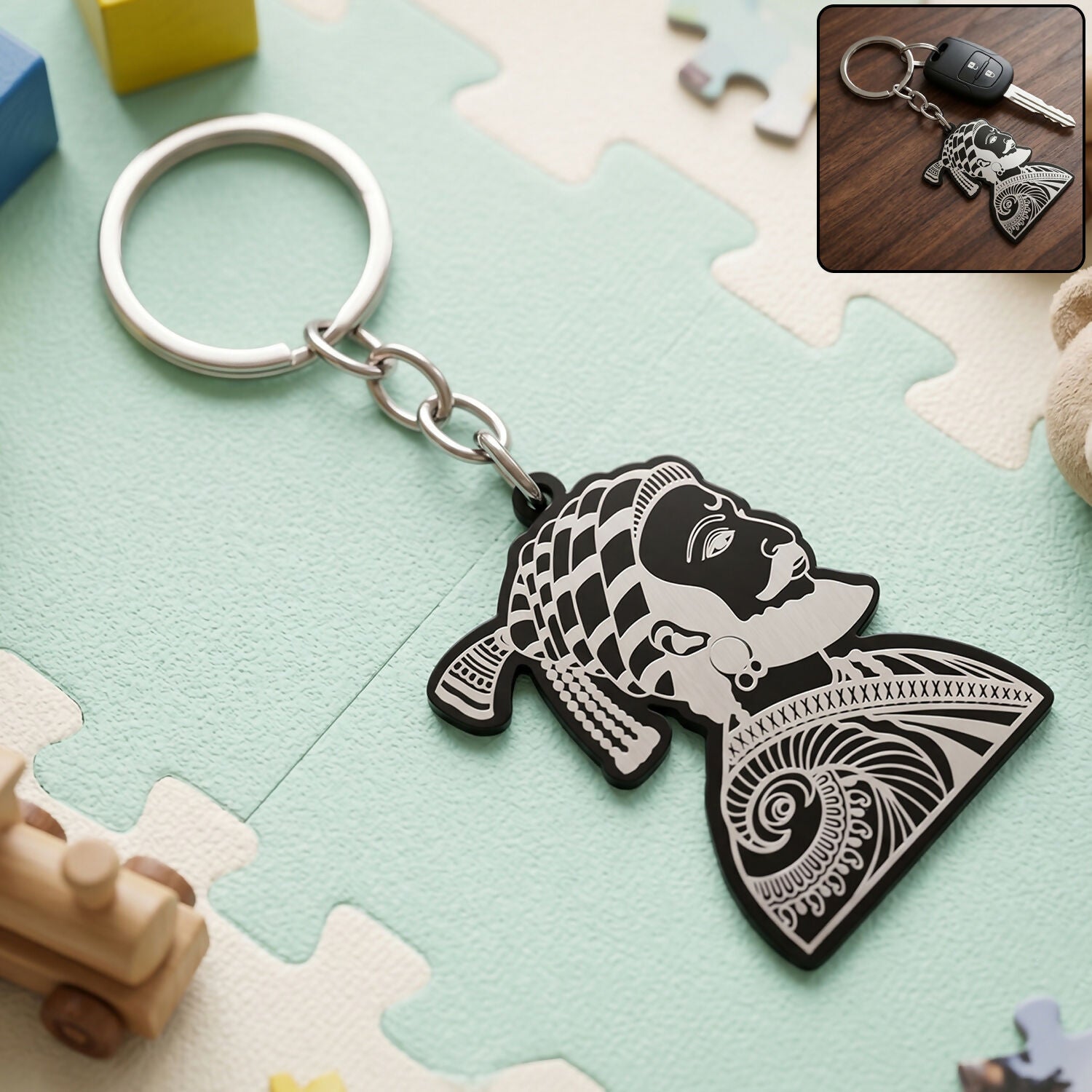 Shivaji Maharaj keychain closeup