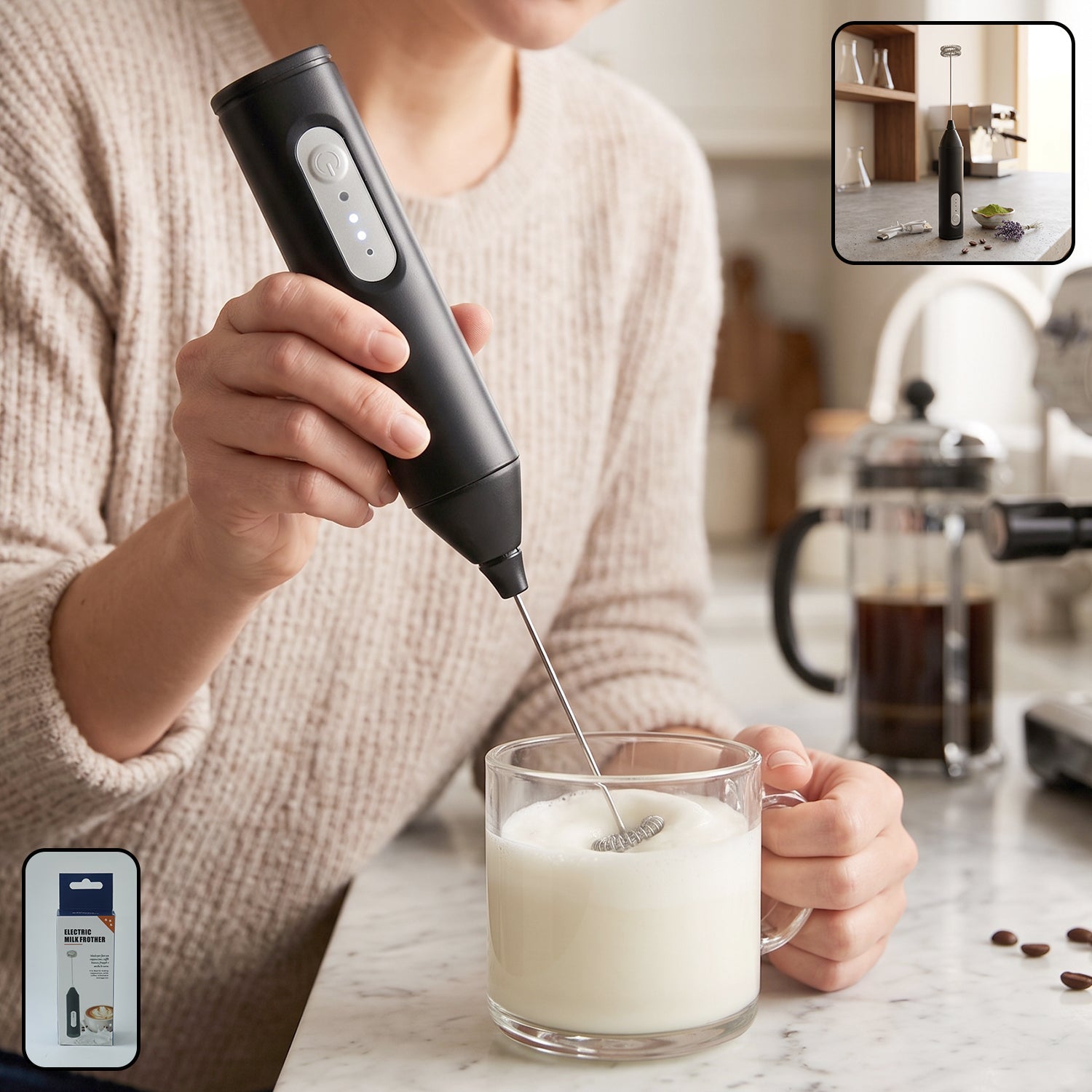 Handheld electric milk frother, battery coffee foam maker and whisk mixer