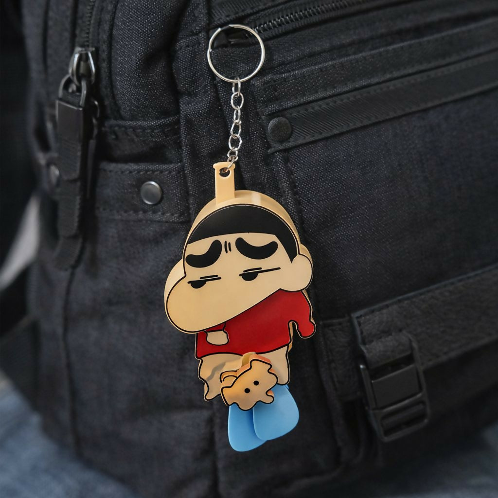 Cartoon boy keychain on backpack