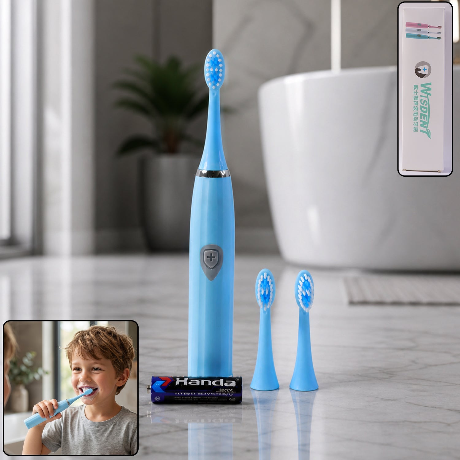 White battery operated electric toothbrush standing upright with brush head