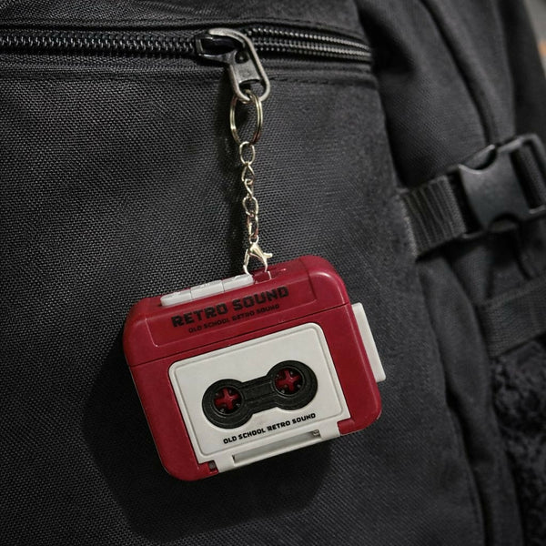 Front view of vintage retro cassette tape sound keychain